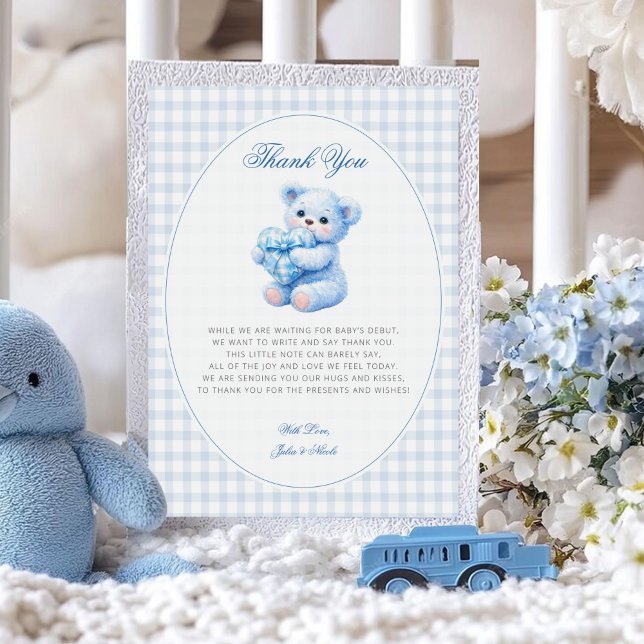 Invitation Petite Fête de Naissance Ourson en Vichy Bleu (Créateur téléchargé)