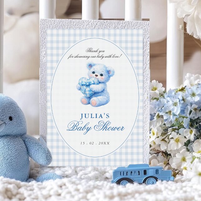 Invitation Petite Fête de Naissance Ourson en Vichy Bleu (Créateur téléchargé)