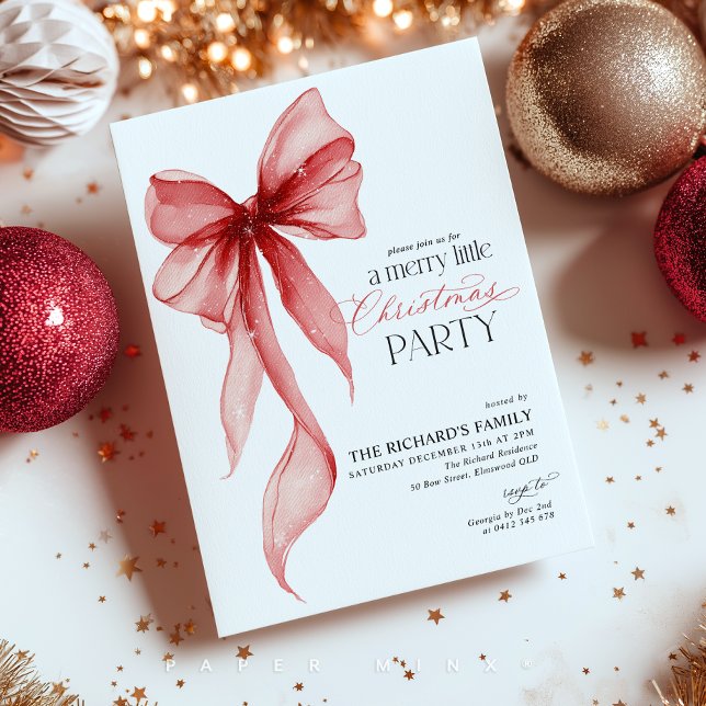 Invitation Petite fête de Noël joyeuse  (Merry Little Christmas Party! Red Bow Christmas Invitation)