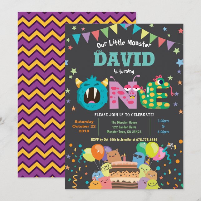 Invitation Petite fête de premier anniversaire monstre. Garço (Devant / Derrière)