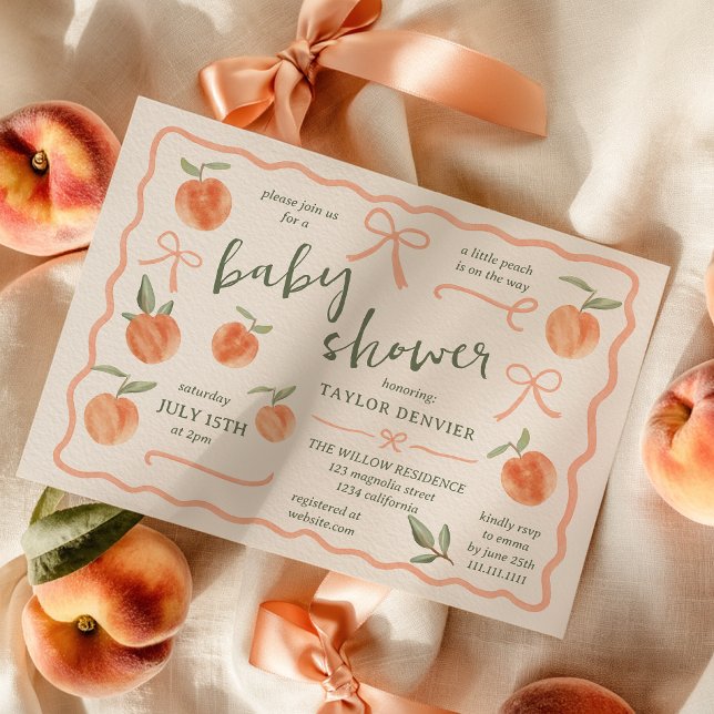 Invitation Petite Fête Rétro Bébé Pêche Peinte à la Main (Little Peach Retro HandPainted Neutral Baby Shower Invitation)