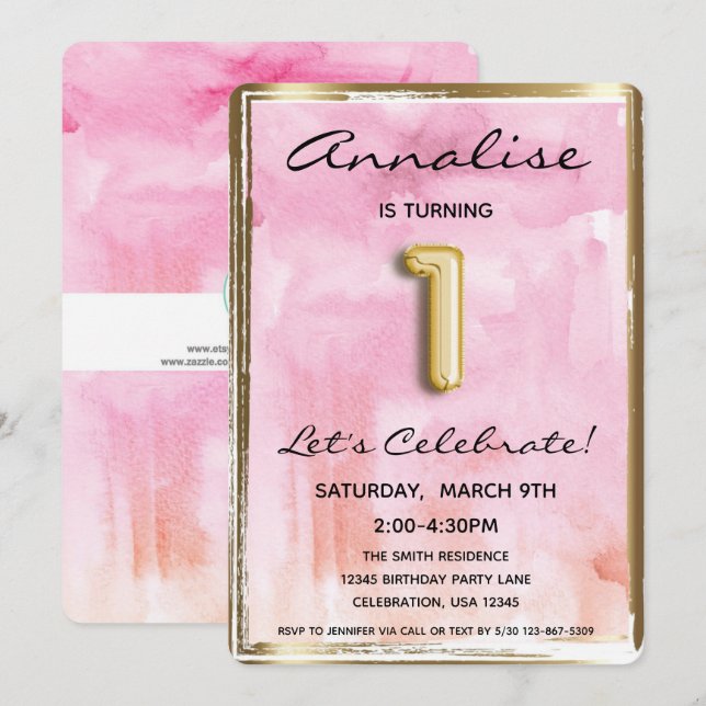 Invitation Petite fille 1er anniversaire rose et or (Devant / Derrière)
