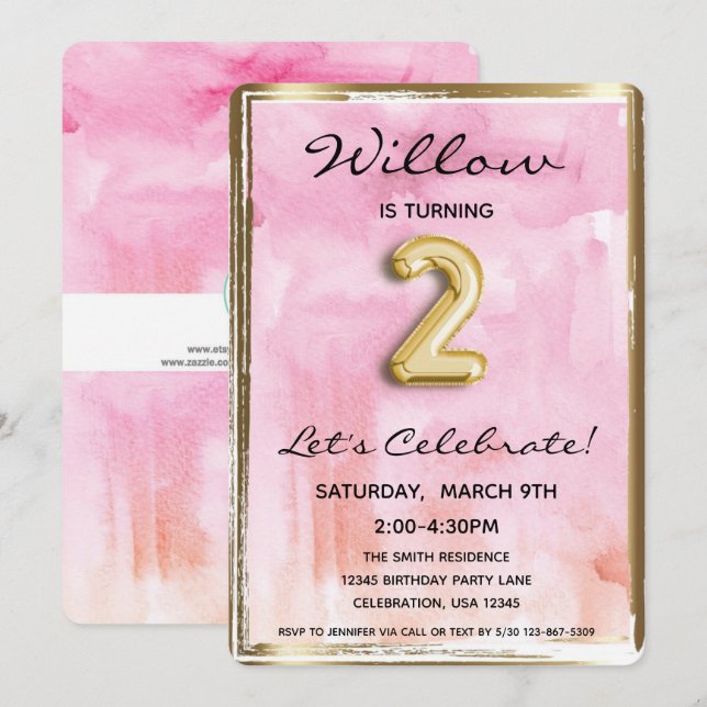 Invitation Petite fille 2e anniversaire rose et or (Devant / Derrière)