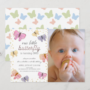 Invitation Petite fille aux papillons 1er anniversaire Photo