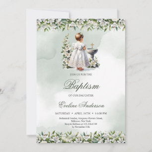 Invitation Petite fille avec robe blanche croix d'or Baptême