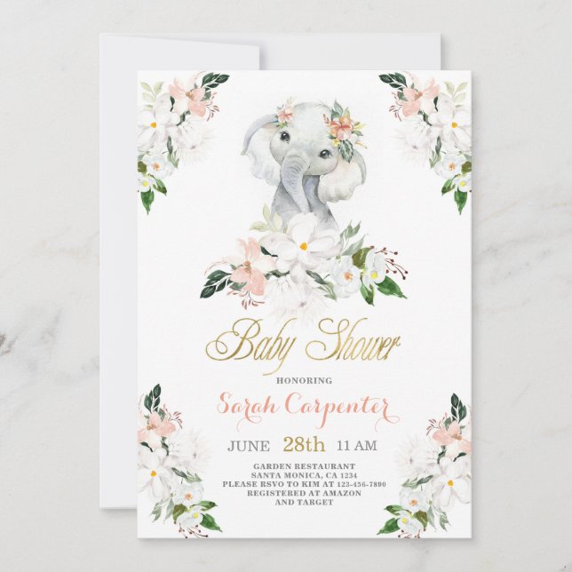 Invitation Petite fille Baby shower d'éléphant (Devant)