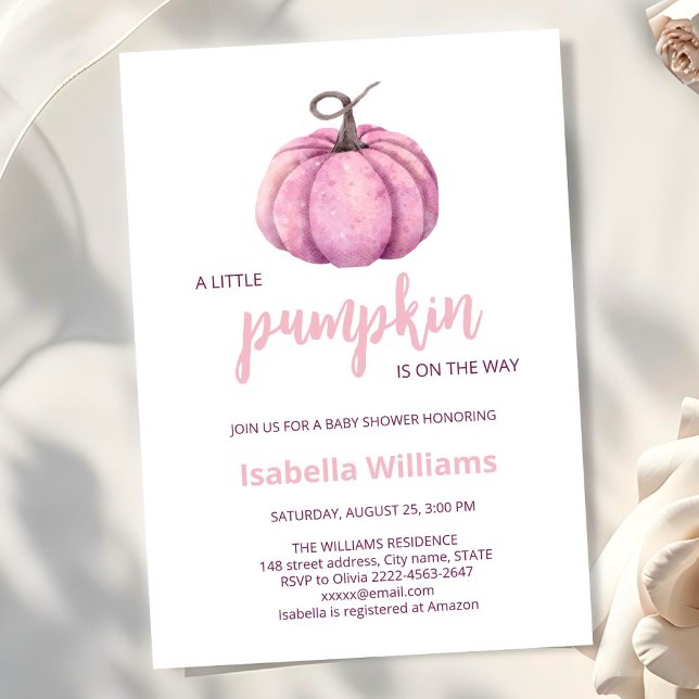 Invitation Petite fille Citrouille rose Baby shower (Little pumpkin minimalistic autumn fall pink girl baby shower invitation )