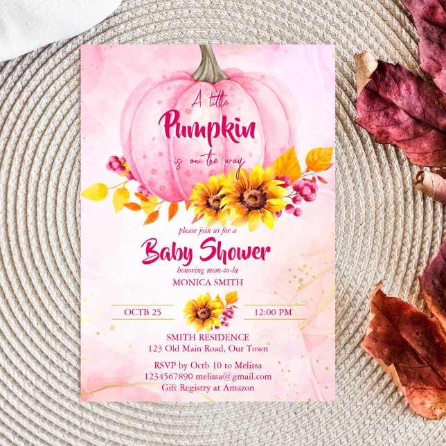 Invitation Petite fille citrouille rose baby shower (Little pumpkin pink girl baby shower template invitation instant download pink pumpkin sunflowers)