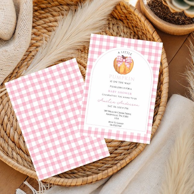 Invitation Petite Fille Citrouille Rose et Blanche Ruban Ging (Créateur téléchargé)
