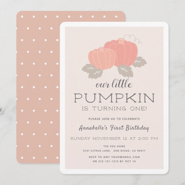 Invitation Petite fille Citrouille rose pâle 1er anniversaire (Devant / Derrière)