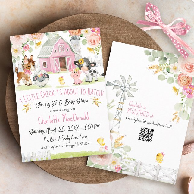 Invitation Petite fille de la ferme de poussins Barnyard Baby (Pink farm girl A Little Chick Is About to Hatch Barnyard animals QR floral baby shower invitation)