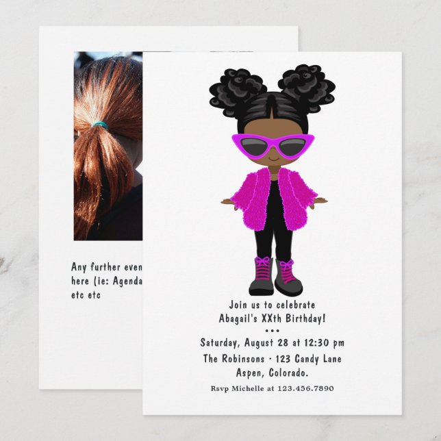 Invitation Petite Fille de Mode Noire Photo de Fête (Devant / Derrière)