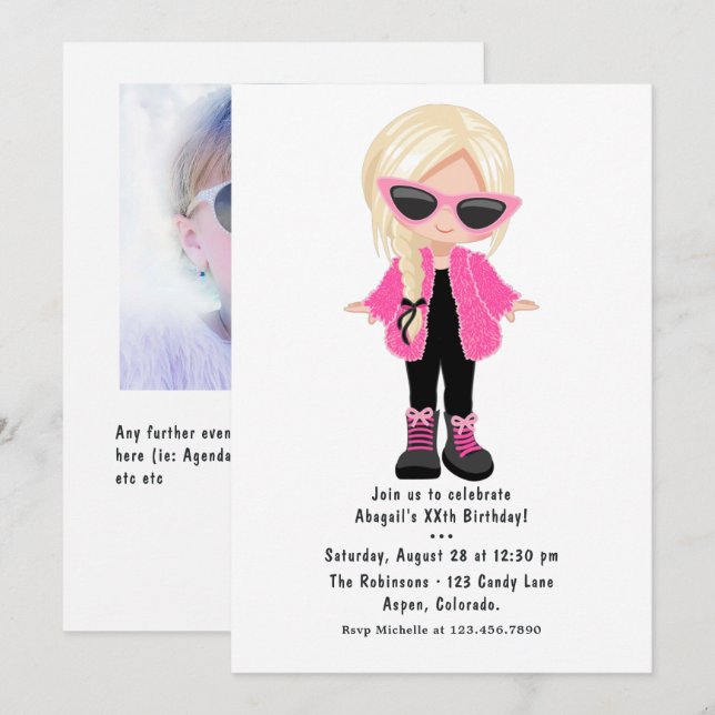 Invitation Petite Fille de Mode Photo de Fête (Devant / Derrière)