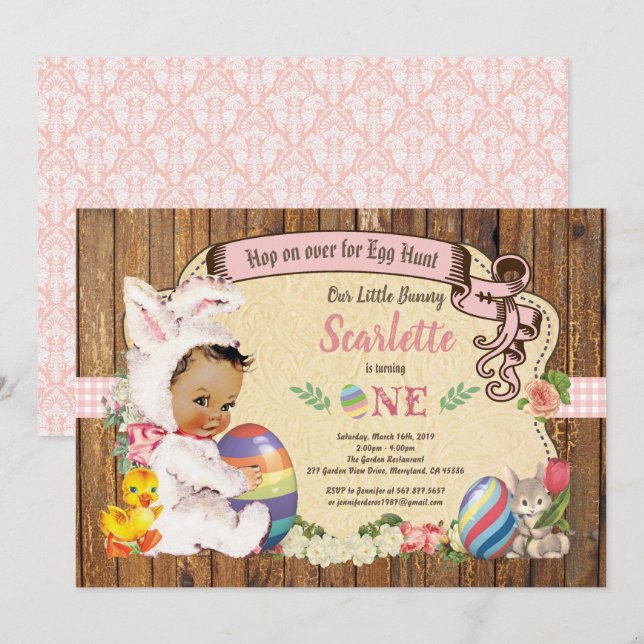 Invitation Petite fille de Pâques 1er anniversaire chasse aux (Devant / Derrière)