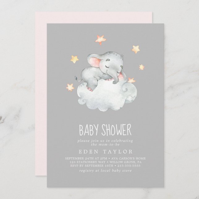 Invitation Petite fille éléphante qui dort | Baby shower gris (Devant / Derrière)