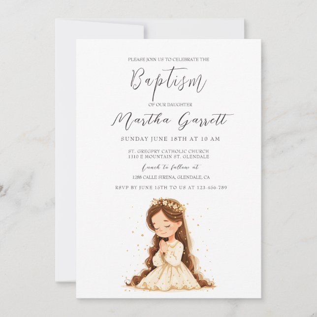 Invitation Petite fille en robe blanche priant fille Baptême (Devant)
