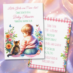 Invitation Petite fille et chaton   Baby shower aquarelle