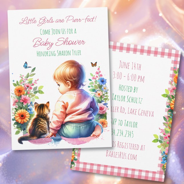 Invitation Petite fille et chaton | Baby shower aquarelle (Créateur téléchargé)