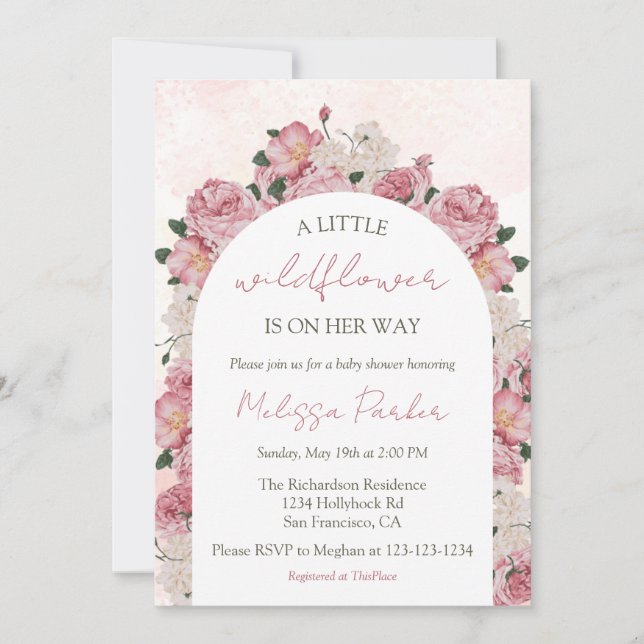 Invitation Petite fille Fleur sauvage Baby shower floral élég (Devant)