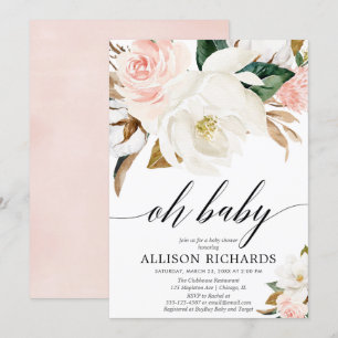 Invitation Petite fille florale de style magnolia rose pâle