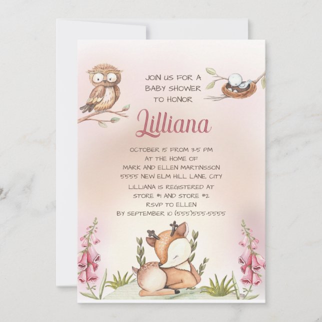 Invitation Petite fille mignonne Bois Animaux Chouette cerf (Devant)