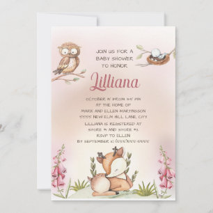 Invitation Petite fille mignonne Bois Animaux Chouette cerf