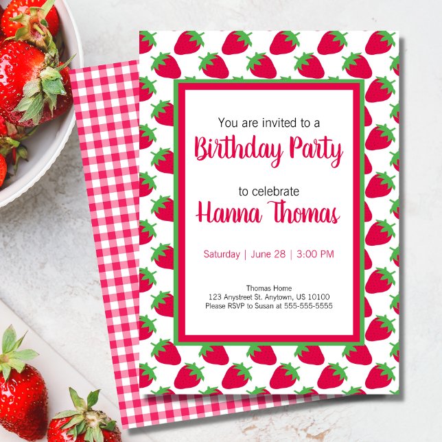 Invitation Petite fille Motif fraise rose vert Anniversaire (Little Girl Strawberry Pattern Green Pink Birthday Invitation)