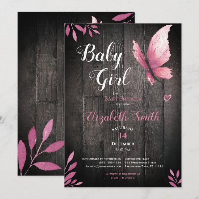 Invitation Petite fille papillon rose aquarelle rustique (Devant / Derrière)