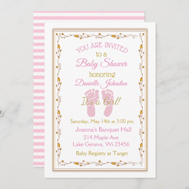 Invitation Petite fille personnalisée Baby shower rose et or (Devant / Derrière)