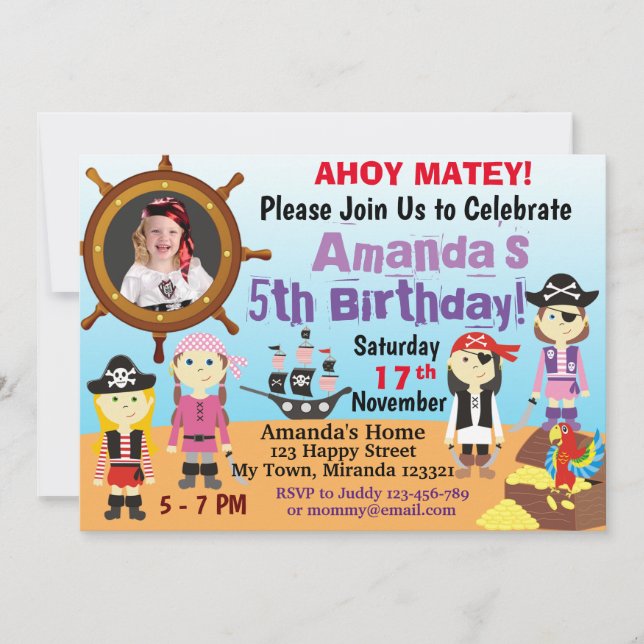Invitation Petite fille pirate garçons anniversaire Invitatio (Devant)