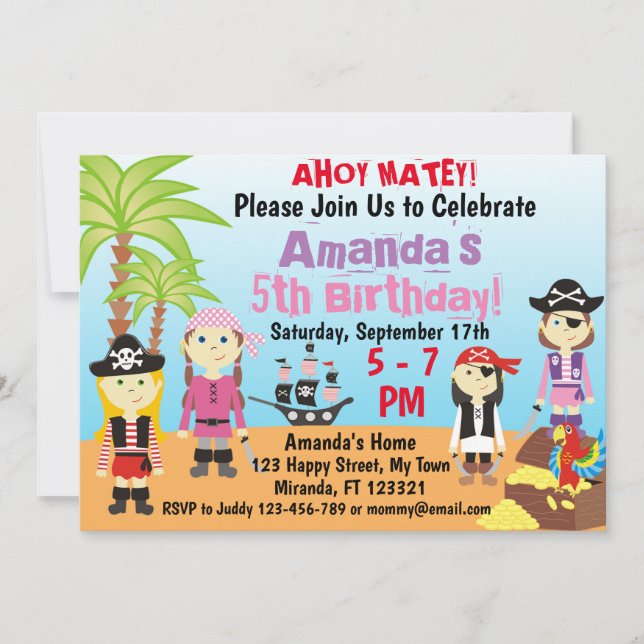 Invitation Petite fille pirate garçons anniversaire Invitatio (Devant)