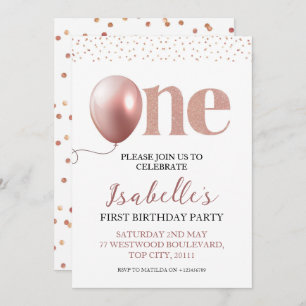 Invitation Petite fille Premier anniversaire Rose Gold Pink P