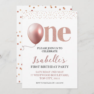 Invitation Petite fille Premier anniversaire Rose Gold Pink P