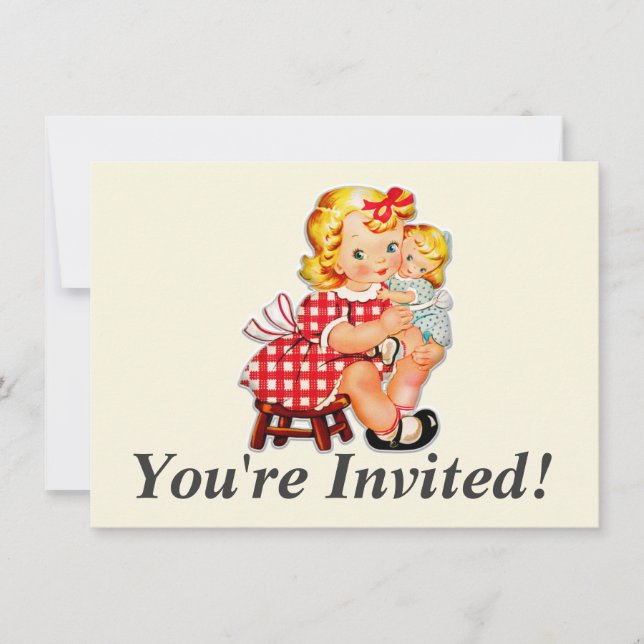 Invitation Petite fille retro vintage poupée (Devant)