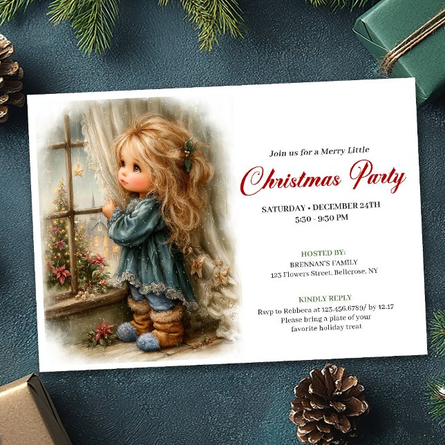 Invitation Petite Fille Rêveuse Attendant le Père Noël Modifi (Dreamful Little Girl Awaiting Santa Editable Invitation)