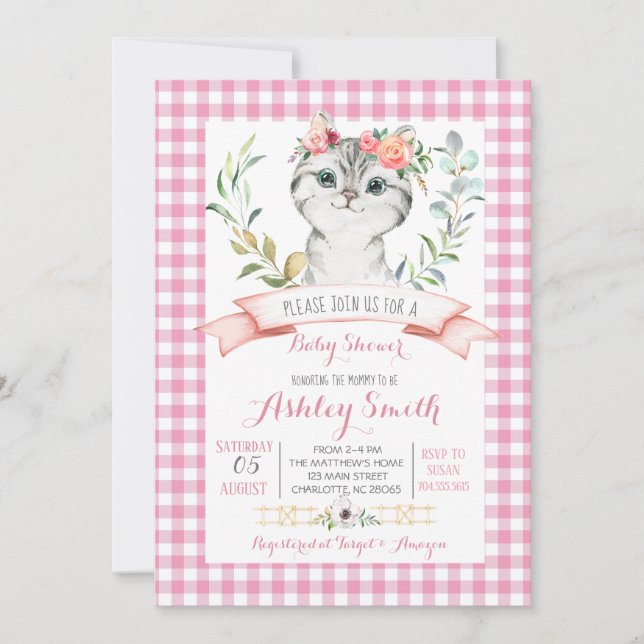 Invitation Petite fille rose baby shower de Kitty cat (Devant)