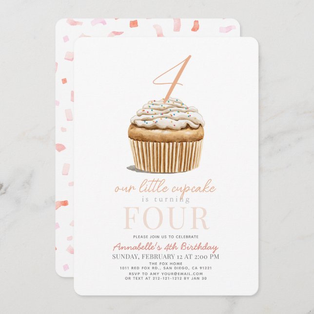 Invitation Petite Fille Rose Cupcake Anniversaire (Devant / Derrière)