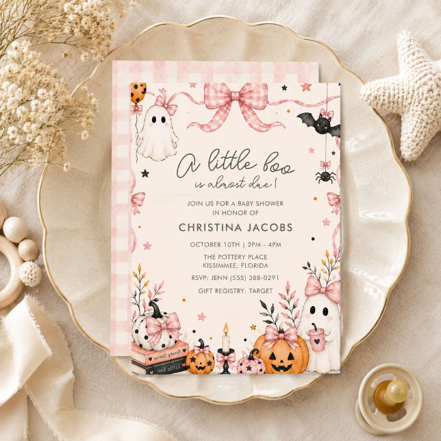 Invitation Petite Fille Rose Gingham Halloween Baby Shower (Little Boo Pink Gingham Halloween Baby Shower Invitation)