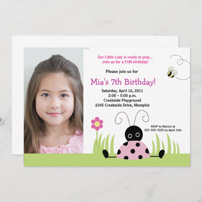 Invitation Petite fille rose Ladybug Modèle d'anniversaire (Devant / Derrière)