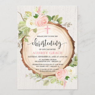 Invitation Petite fille rustique christissant bois vert rose