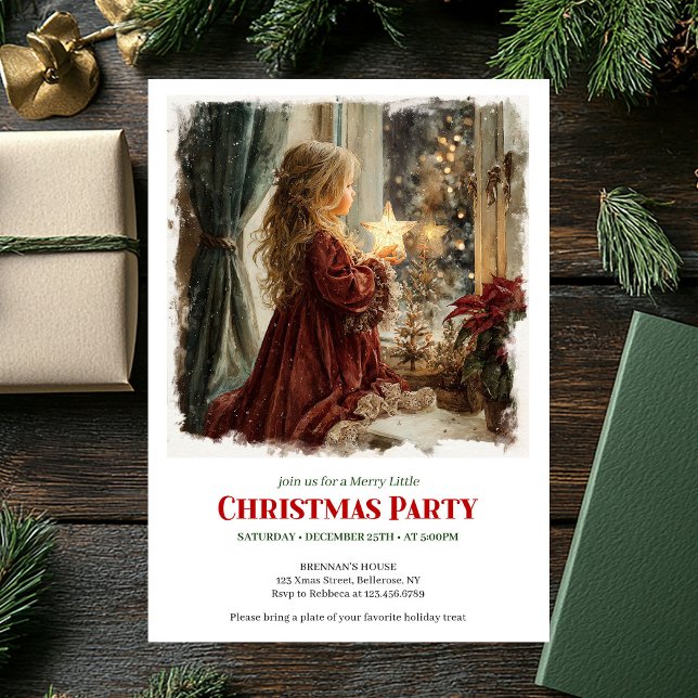Invitation Petite fille victorienne confortable attendant le  (Cozy Victorian Little Girl Awaiting Santa Download Invitation )