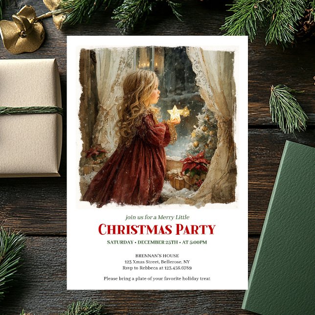 Invitation Petite fille victorienne nostalgique attendant le  (Nostalgic Victorian Little Girl Awaiting Santa Digital Invite)