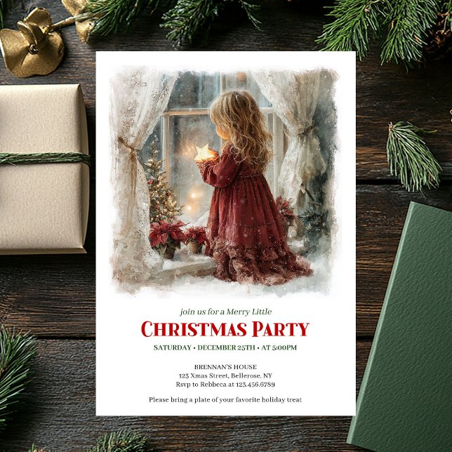 Invitation Petite Fille Victorienne Rustique Attendant le Pèr (Rustic Victorian Little Girl Awaiting Santa Printable Invite)