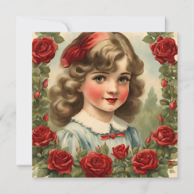 Invitation Petite fille vintage avec roses (Devant)