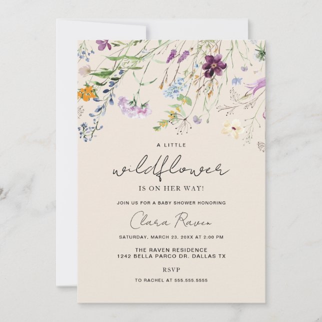 Invitation Petite Fleur Sauvage Beige Fleur Bébé Naissance  (Devant)