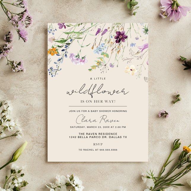 Invitation Petite Fleur Sauvage Beige Fleur Bébé Naissance  (Créateur téléchargé)