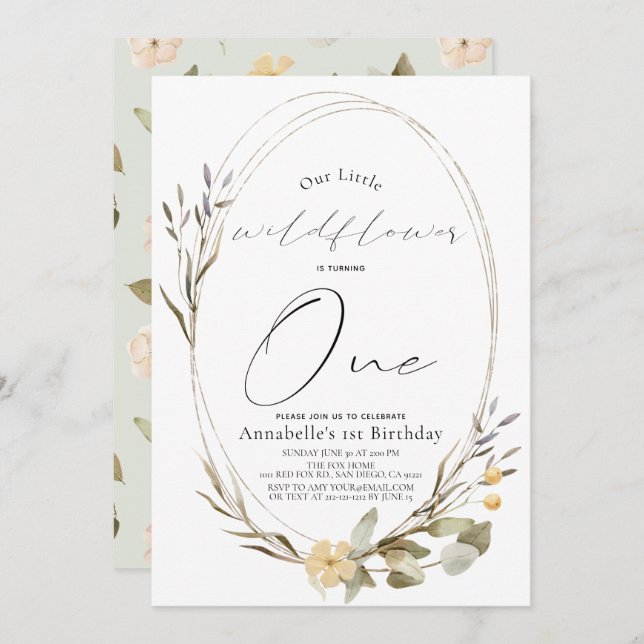 Invitation Petite Fleur sauvage Oval Girl 1er anniversaire (Devant / Derrière)