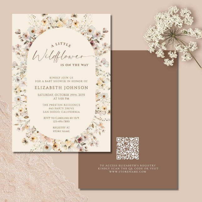 Invitation Petite Fleur Sauvage Rustique Code QR Baby Shower  (Créateur téléchargé)