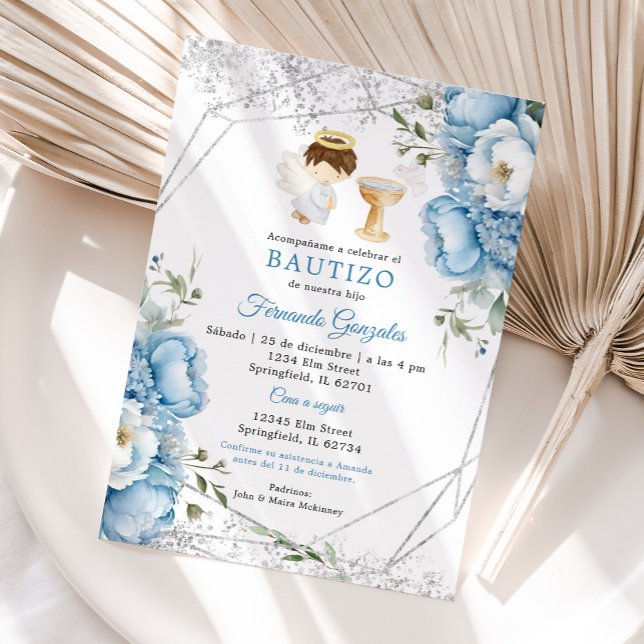 Invitation Petite Fleurs Angel Dusty Blue Argent Boy Bautizo (Créateur téléchargé)