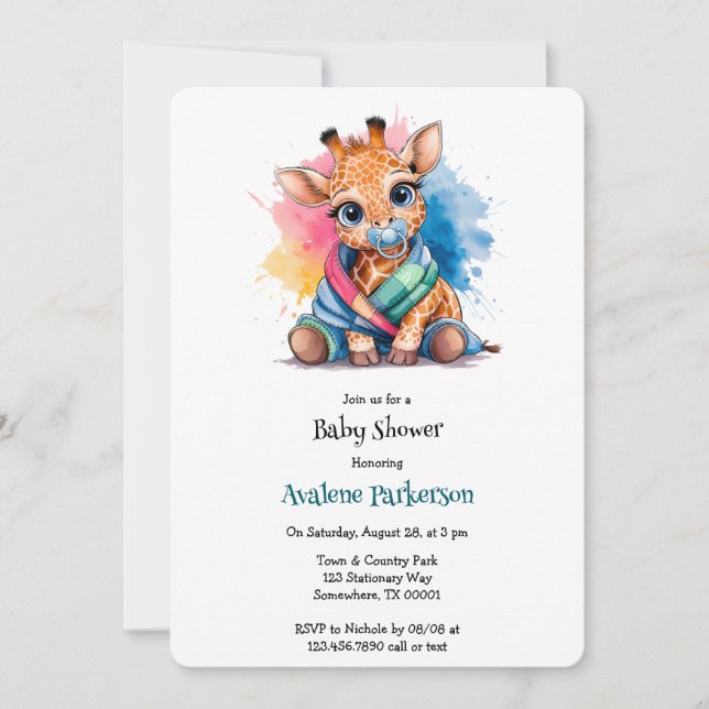 Invitation Petite girafe Pacifique et Baby shower de couvertu (Devant)
